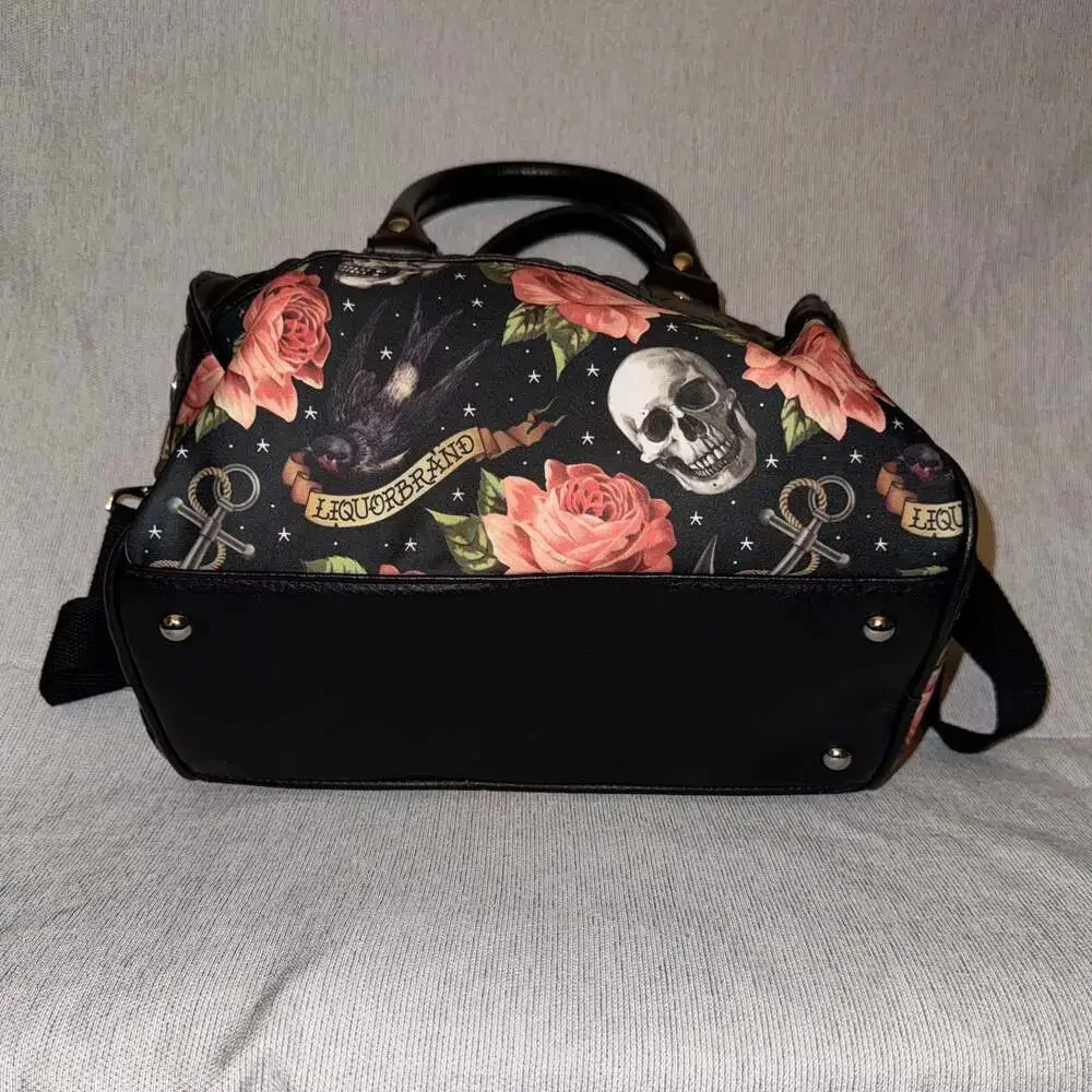 Liquorbrand Skull & Rose Quilted Satchel Bag Gothic Crossbody Purse Black Floral